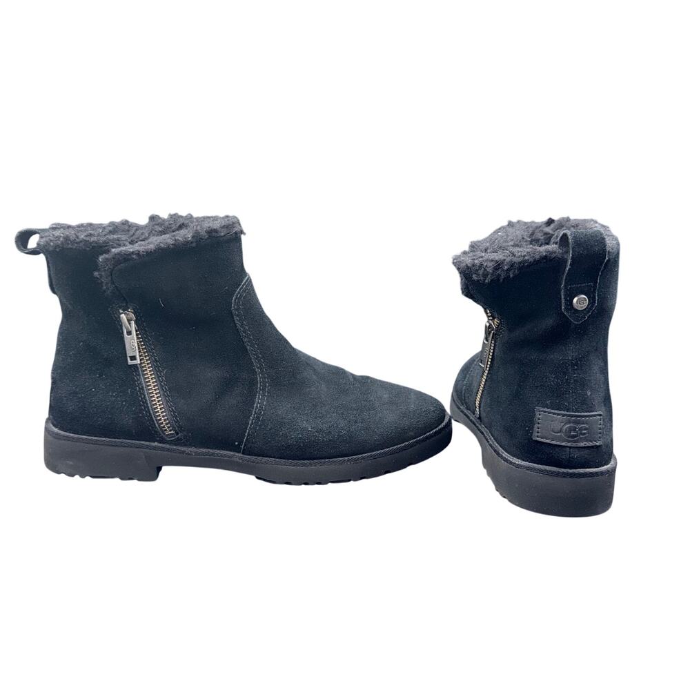 UGG Lorna Mini Zip Boots Black Suede Shearling Womens 8.5 Waterproof